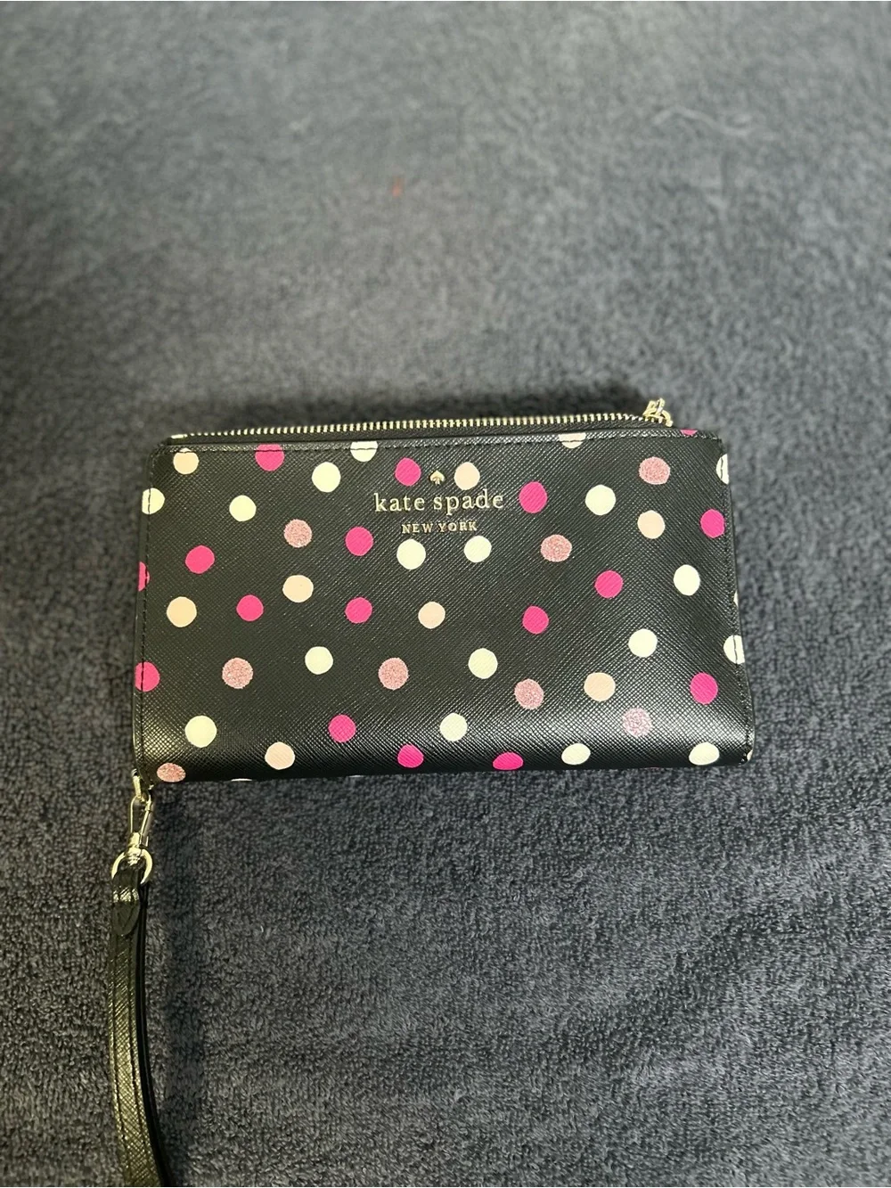kate spade Black Polka Dot Zip Wristlet Wallet with Pink & Cream Dots